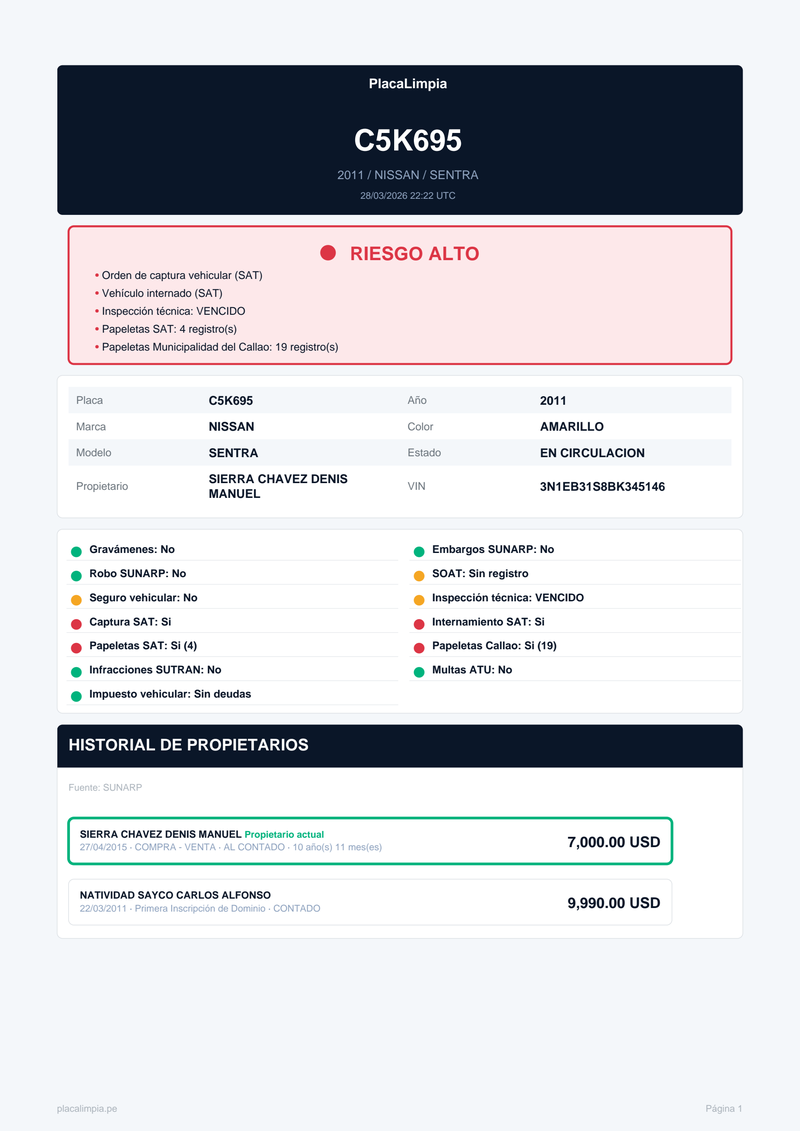 Reporte PlacaLimpia mostrando RIESGO ALTO con orden de captura, papeletas y más